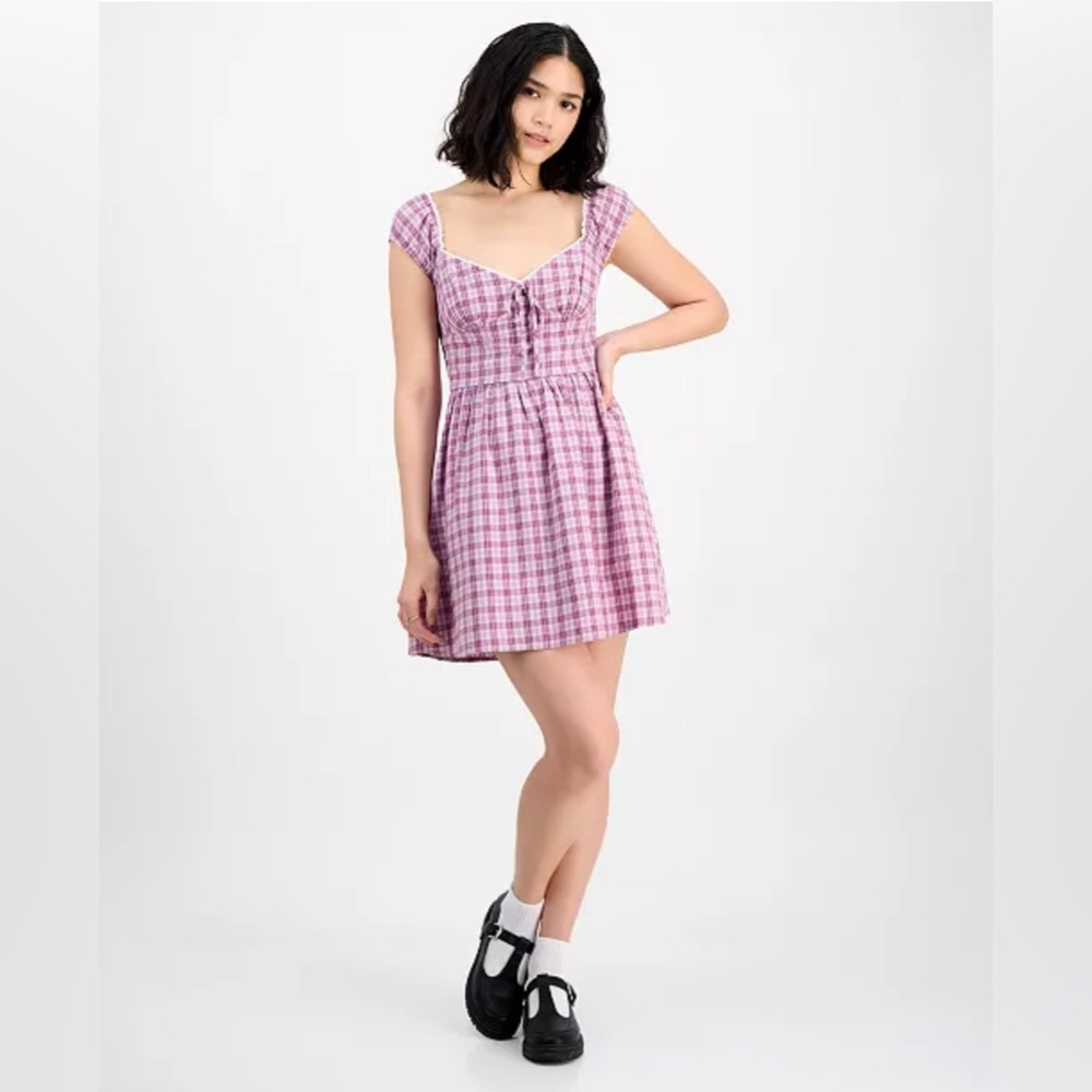 Kingston Grey Juniors' Cotton Mini Pink Plaid Dress